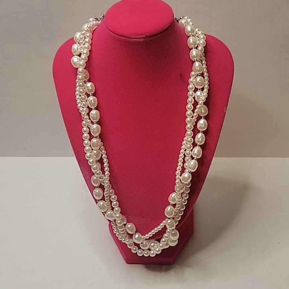 C1946  Multi-strand Braided Faux Pearl Beaded Necklace